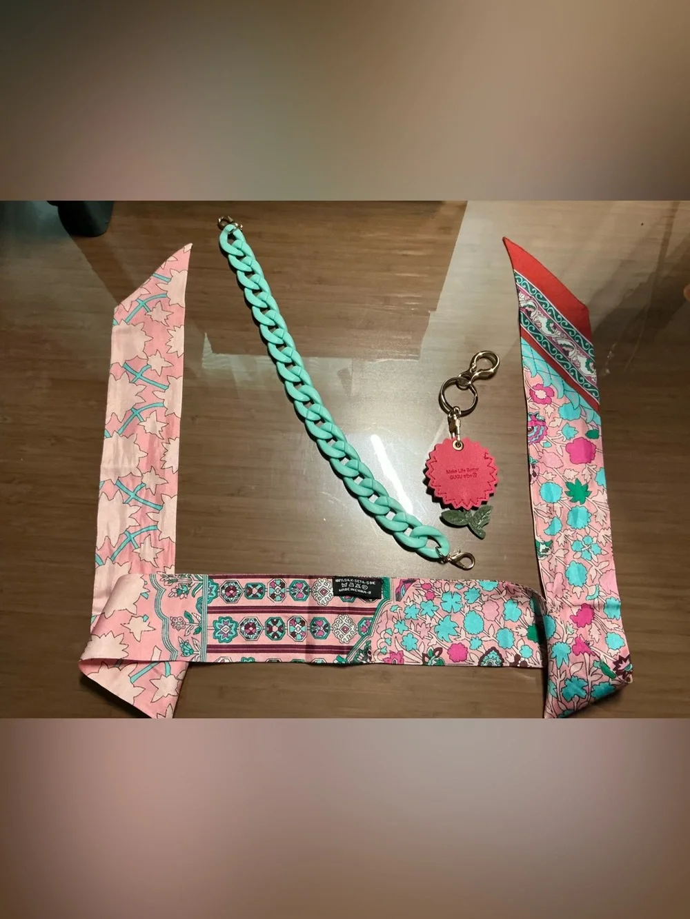Pink and Turquoise Silk Twilly, Acrylic Bag Chain, and Leather Charm Bundle